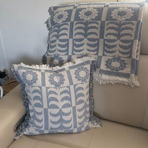 Kirklands block print Blue floral throw pillow and blanket set